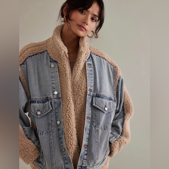 Anthropologie Jackets & Blazers - Anthropologie Light Blue Denim and Tan Sherpa Jean Jacket
